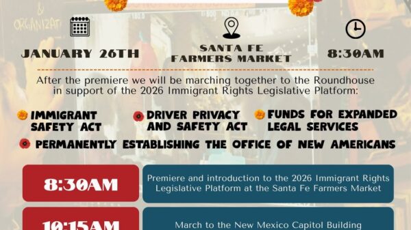 A flyer announcing the premiere of the short film "UNIDOS CON LIBROS" on January 26th at 8:30 AM at the Santa Fe Farmers Market, followed by a march to the Roundhouse and rally to support the 2026 Immigrant Rights Legislative Platform, which includes the Immigrant Safety Act, Driver Privacy and Safety Act, Funds for Expanded Legal Services, and Permanently Establishing the Office of New Americans. A schedule details events from 8:30 AM to 12:00 PM, including the film premiere, march, rally at the New Mexico Capitol Building, and legislator office visits. The film is produced by a coalition including Detention Watch Network, Innovation Law Lab, EQNM, Contigo, ACLU New Mexico, Center for Civic Policy, NM Dream Team, New Mexico Immigrant Law Center, and others.