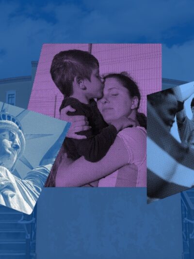 Various photos representing this years legislative session including the statue of liberty, a family, and protesters.