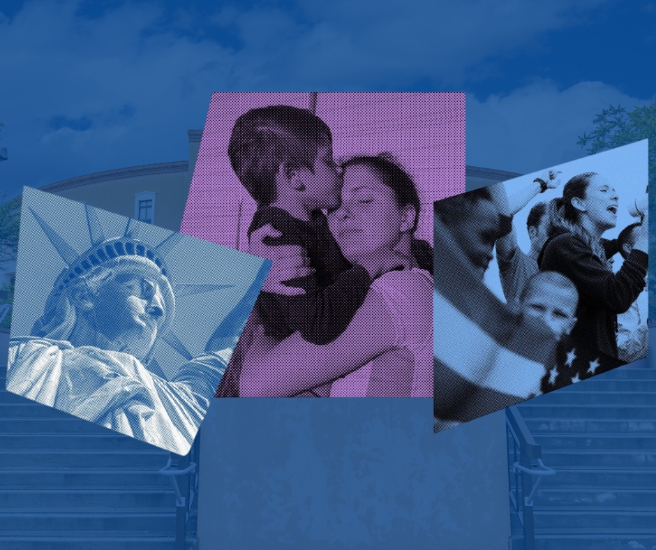 Various photos representing this years legislative session including the statue of liberty, a family, and protesters.