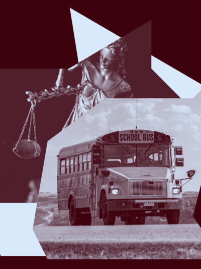 A photo of lady justice and a school bus to represent juvenile justice as a theme.
