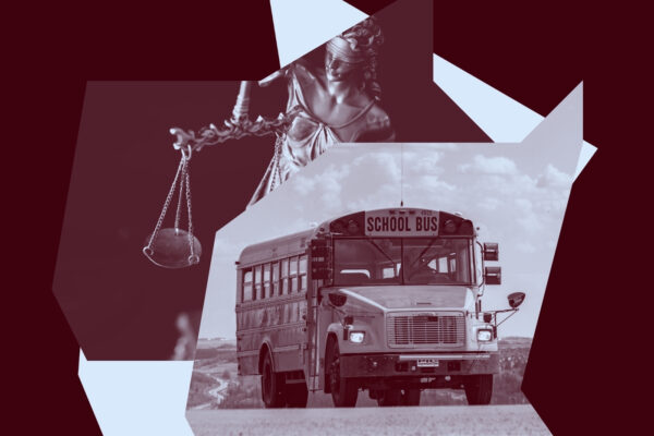 A photo of lady justice and a school bus to represent juvenile justice as a theme.