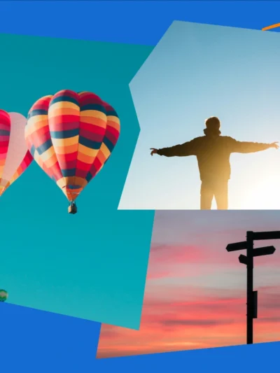 A graphic showing hot air ballons, a person holding their arms out towards a sunrise, and a sunset with painted clouds behind a silhouetted road sign.