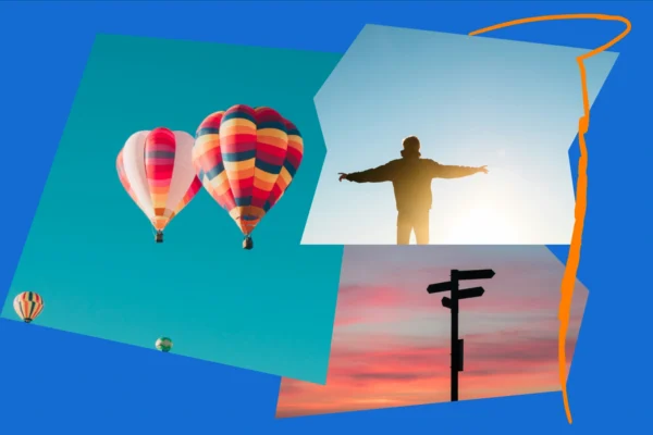 A graphic showing hot air ballons, a person holding their arms out towards a sunrise, and a sunset with painted clouds behind a silhouetted road sign.