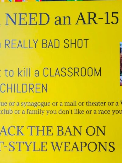 Homemade protest sign by Jill Gatwood. Reads: "You Need an AR-15 if: you are a really bad shot or you want to kill a classroom full of children, or a church or a mosque or a synagogue, or a small theater, or a walmart, or a college, or a concert, or a nightclub, or a family you don't like, or race you don't like, etc. Bring back the ban on assault style weapons."