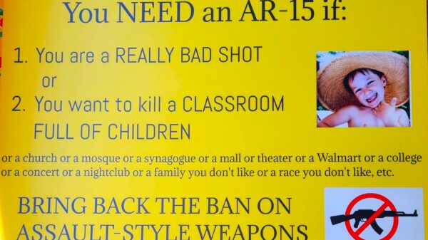 Homemade protest sign by Jill Gatwood. Reads: "You Need an AR-15 if: you are a really bad shot or you want to kill a classroom full of children, or a church or a mosque or a synagogue, or a small theater, or a walmart, or a college, or a concert, or a nightclub, or a family you don't like, or race you don't like, etc. Bring back the ban on assault style weapons."