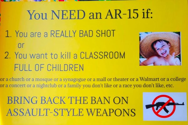 Homemade protest sign by Jill Gatwood. Reads: "You Need an AR-15 if: you are a really bad shot or you want to kill a classroom full of children, or a church or a mosque or a synagogue, or a small theater, or a walmart, or a college, or a concert, or a nightclub, or a family you don't like, or race you don't like, etc. Bring back the ban on assault style weapons."