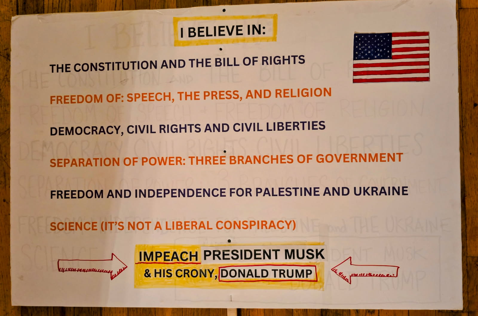 Jill Gatwood's homemade protest sign that reads: "I believe in: the Constitution and the Bill of Rights, freedom of: speech, the press, and religion, democracy, civil rights, and civil liberties. Separation of power: three branches of government. Freedom and independence for Palestine and Ukraine. Science (it's not a liberal conspiracy). Impeach President Musk and his crony Donald Trump."