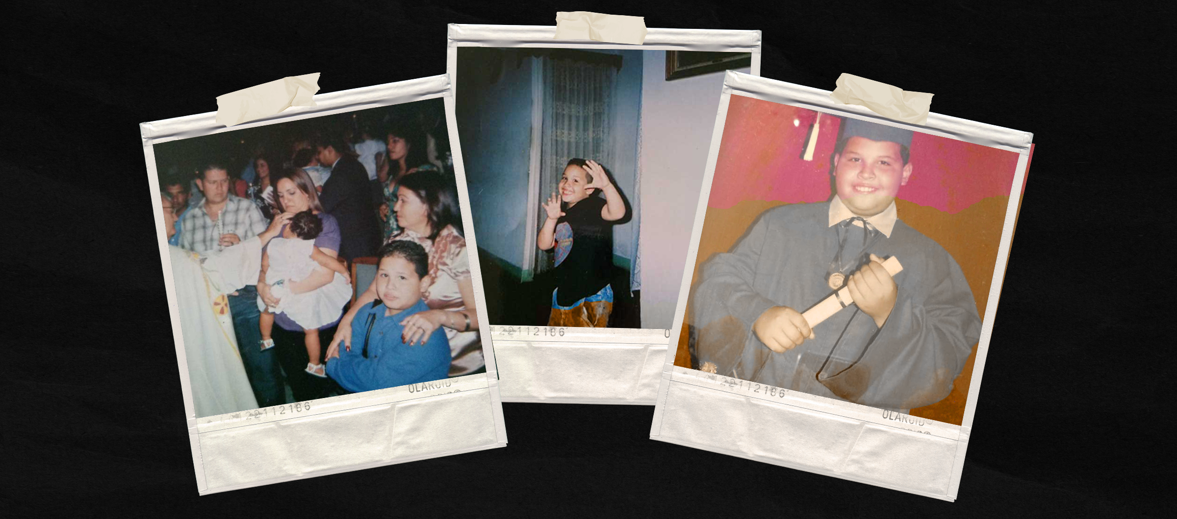 Stylized image of a group of Junior's childhood pictures inside polaroid frames