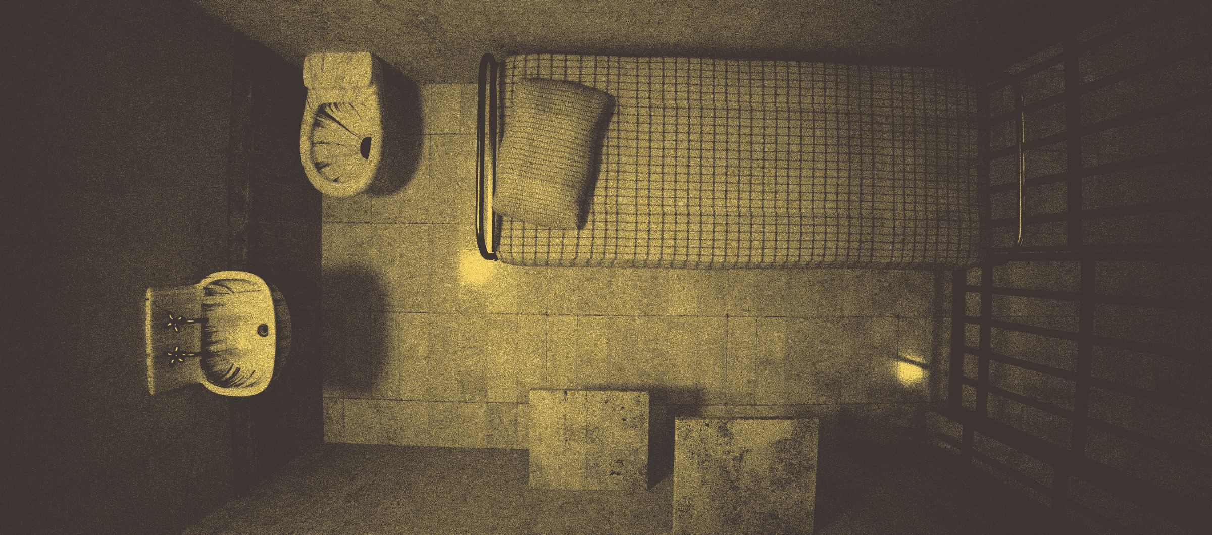  An overhead view of a solitary jail cell with a single metal bed frame and a thin mattress. The cell includes a basic toilet and sink, all enclosed within the bare, confined space, evoking a stark and austere atmosphere.