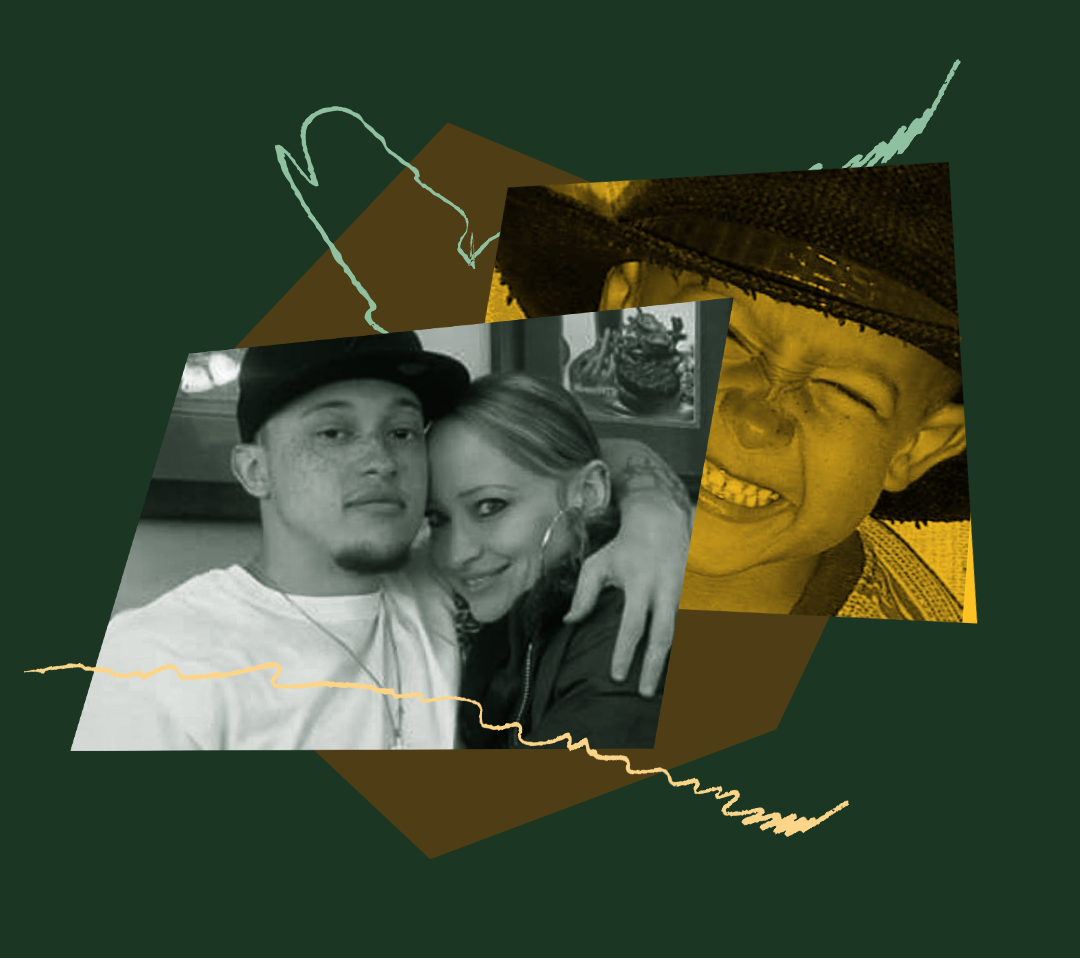 Stylized collage image of O'Shay Toney pictured with his mother. Another image of O'Shay when he was a child is pictured behind it.