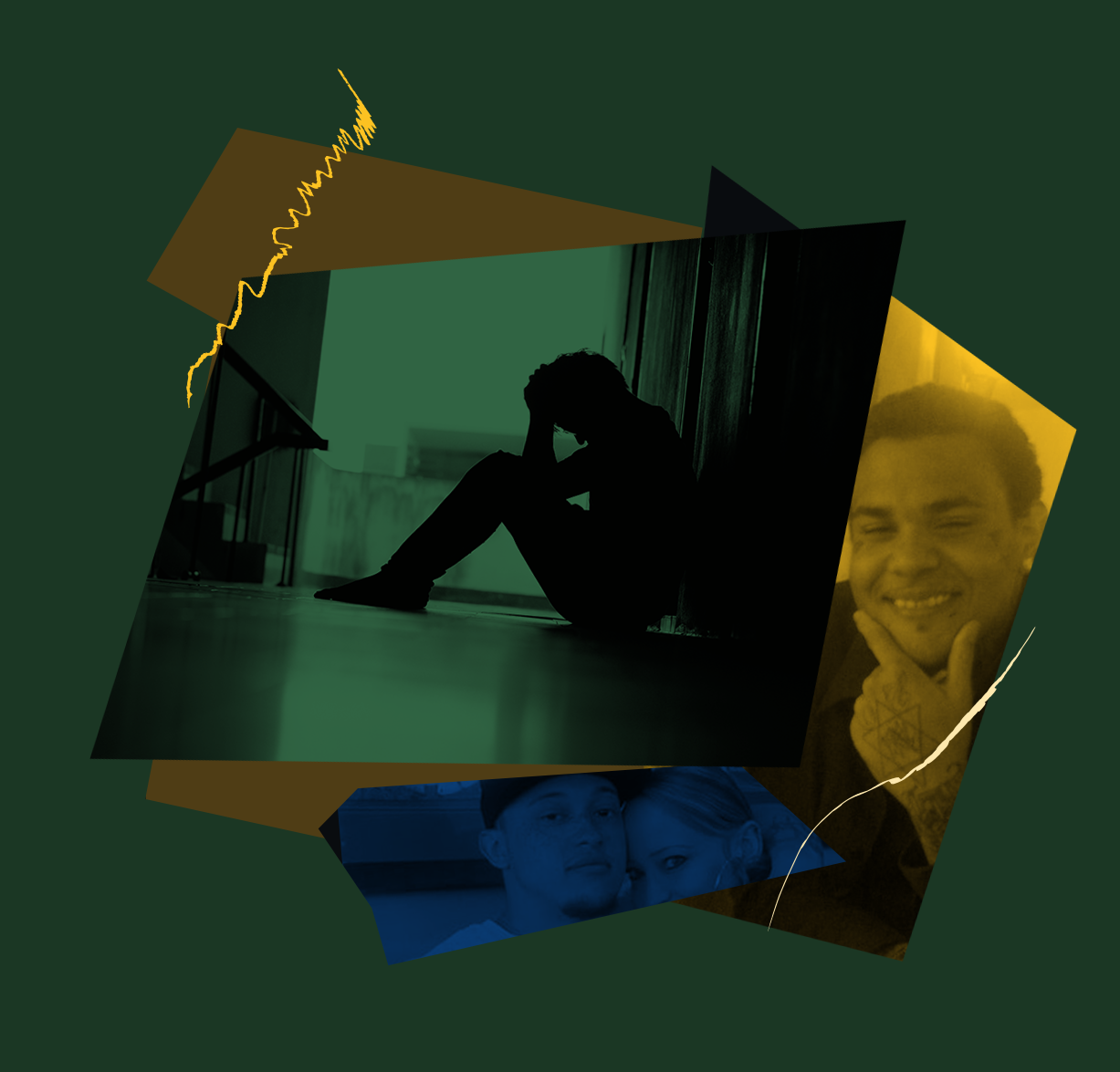Stylized image of plantiffs in front of a dark green background, a silhouette of a man sitting down on pavement looking distressed is centered in the photo stylized in green.