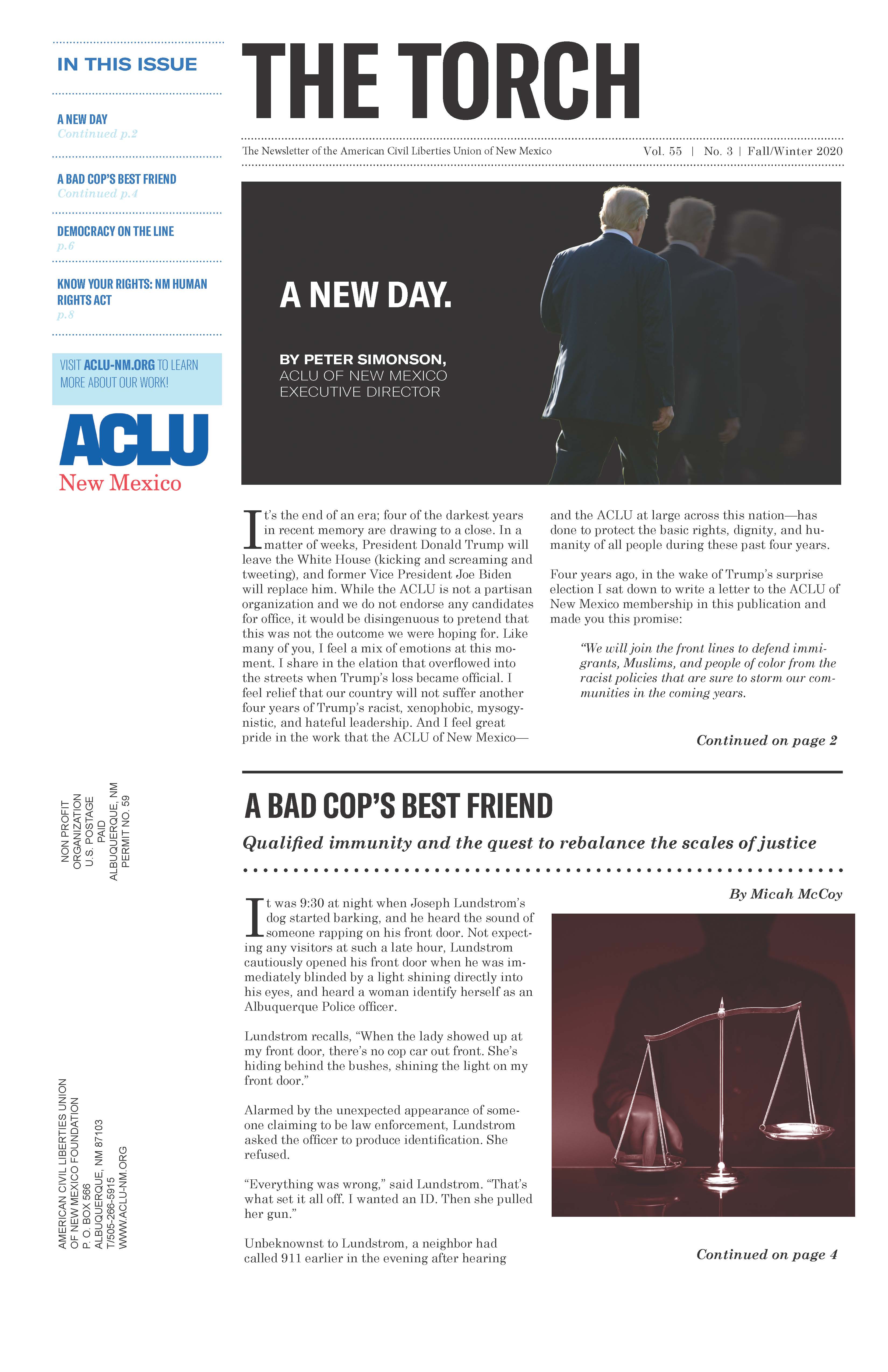 Winter 2020 Torch Front Page Image showing front page ofTorch Newsletter featuring a picture of Donald Trump fading away and a image of the scales of justice with a shadowy figure placing a finger on the scale.