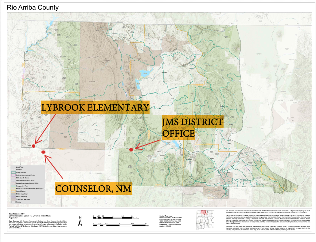 A map showing the location of Lybrook Elementary, Counselor where most of the studnents attend from, and the Jemez Mountain Schools district office location over an hour away.