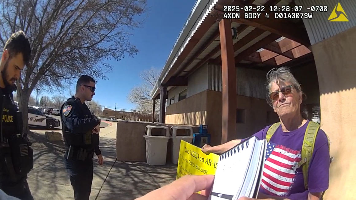 Body cam footage of Jill Gatwood's arrest outside the Moriarty Civic Center