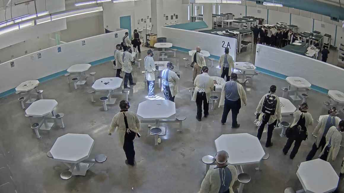 A screenshot of surveillance video taken shortly before men detained at the Torrance County were pepper sprayed for engaging in a peaceful hunger strike protesting conditions at the facility. Surveillance and lapel video was obtained by NMILC and ACLU fro