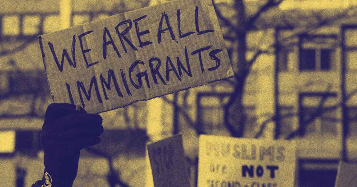 Stylized image of someone holding up a sign that reads "we are all immigrants"