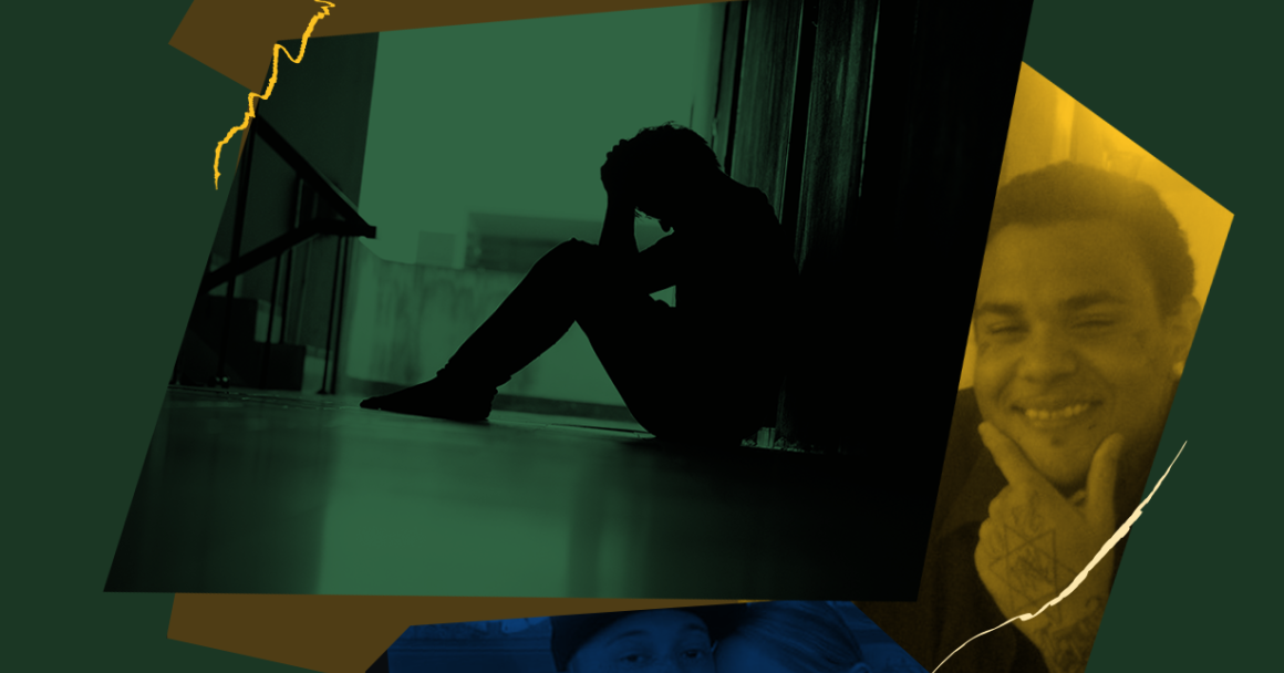 Stylized image of plantiffs in front of a dark green background, a silhouette of a man sitting down on pavement looking distressed is centered in the photo stylized in green.