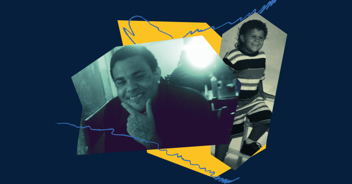 Dark blue collage image of GuJuan, featuring a recent photo of him along with a childhood picture in various color filters