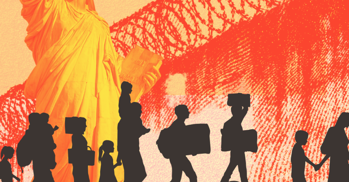 An image with immigrants and the statue of liberty and prison walls behind them.