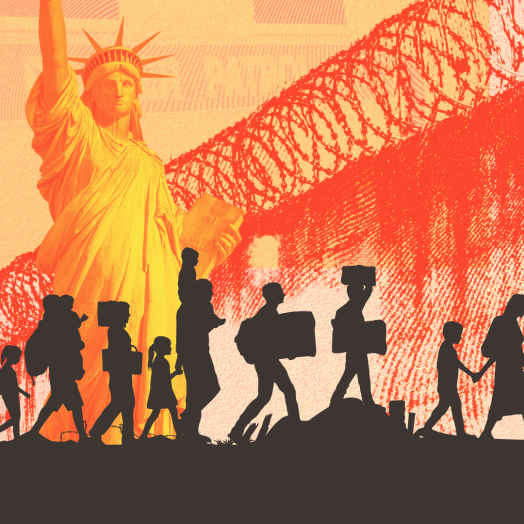 An image with immigrants and the statue of liberty and prison walls behind them.