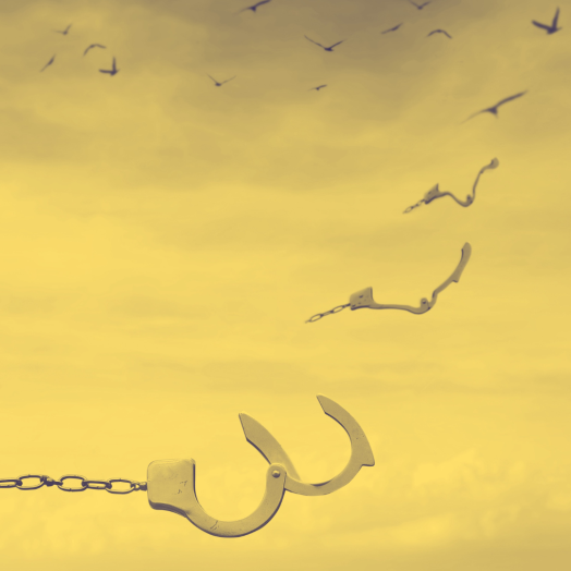 A broken handcuff slowly transforming into a flock of birds.