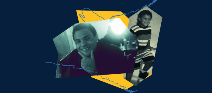 Dark blue collage image of GuJuan, featuring a recent photo of him along with a childhood picture in various color filters