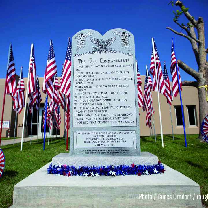 Picture of the Ten Commandments monument outside Bloomfield City Hall