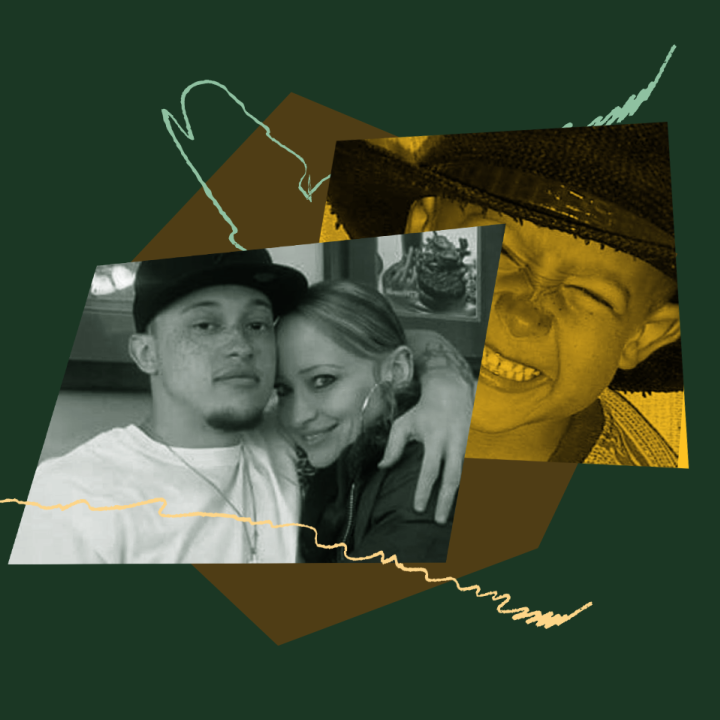 Stylized collage image of O'Shay Toney pictured with his mother. Another image of O'Shay when he was a child is pictured behind it.