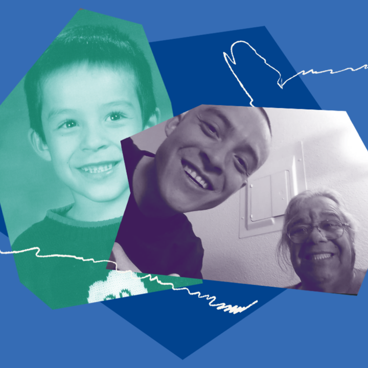 Blue collage images of Mah-konce; a childhood picture of him with a green filter; another photo of him smiling next to someone in a purple filter