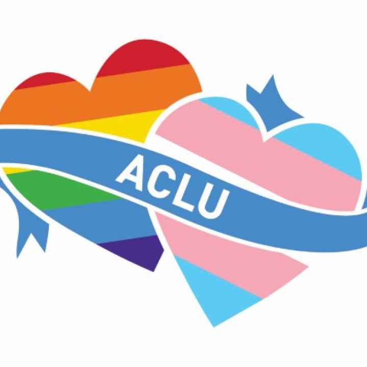 One heart with rainbow coloring and another heart alternating with pink and blue together under a blue banner that says ACLU